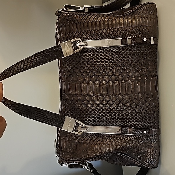 MICHAEL KORS COLLECTION AUTHENTIC PYTHON CONVERTIBLE SATCHEL HANDBAG CRO… - Picture 2 of 12